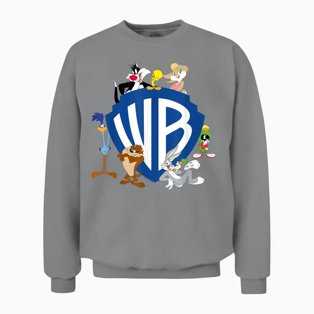 Wb 100: Looney Tunes Wb Shield Logo with Bugs, Taz, Tweety T-Shirt, Gray Unisex Sweatshirt in Sport Grey