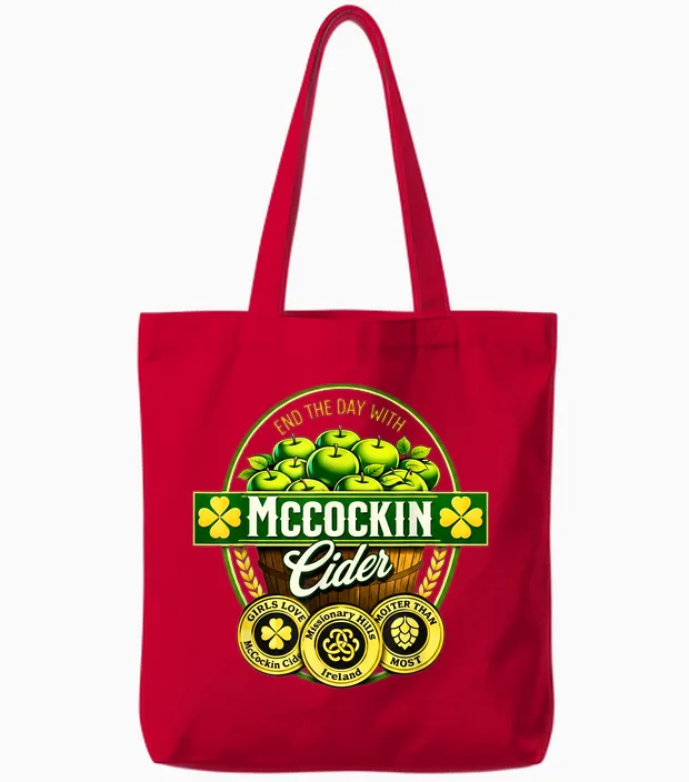 Vintage Maccockin Cider Funny St Patrick's Day Tote Bags in Red
