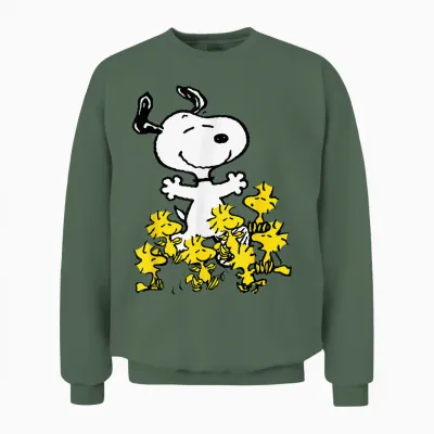 Peanuts Snoopy Chick Party Crew Neck T-Shirt - Classic Fit, Adult, Black Unisex Sweatshirt - Military Green