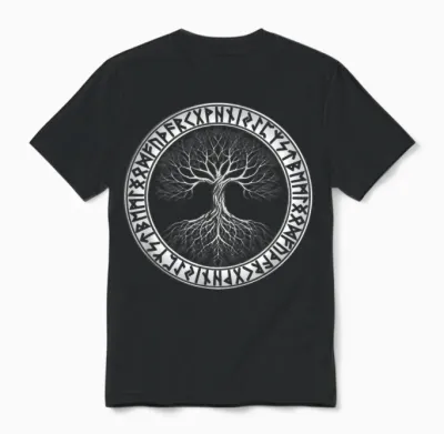 Nordic Tree of Life Yggdrasil Circle of Runes Viking Unisex T-Shirt - Black