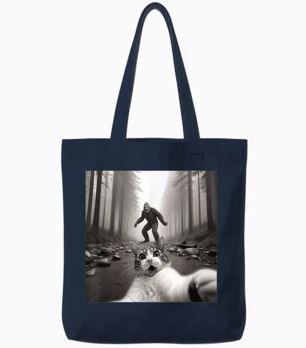 Funny Surprised Scared Cat Selfie with Sasquatsch Bigfoot Tote Bags in Navy