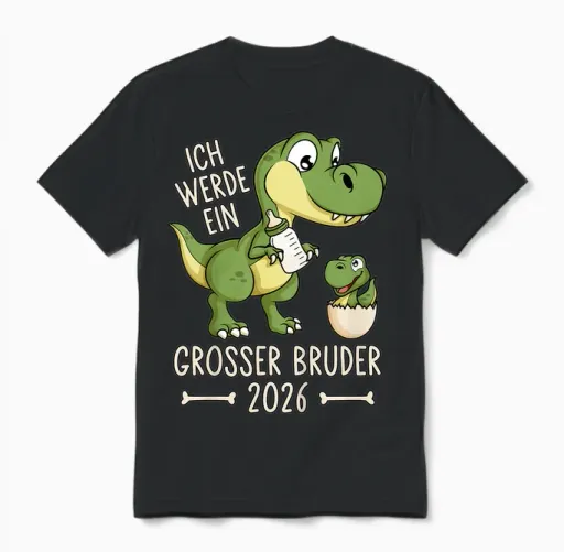 Children's Siblings Baby Dino I Will Be a Big Brother 2026 Unisex T-Shirt in Black