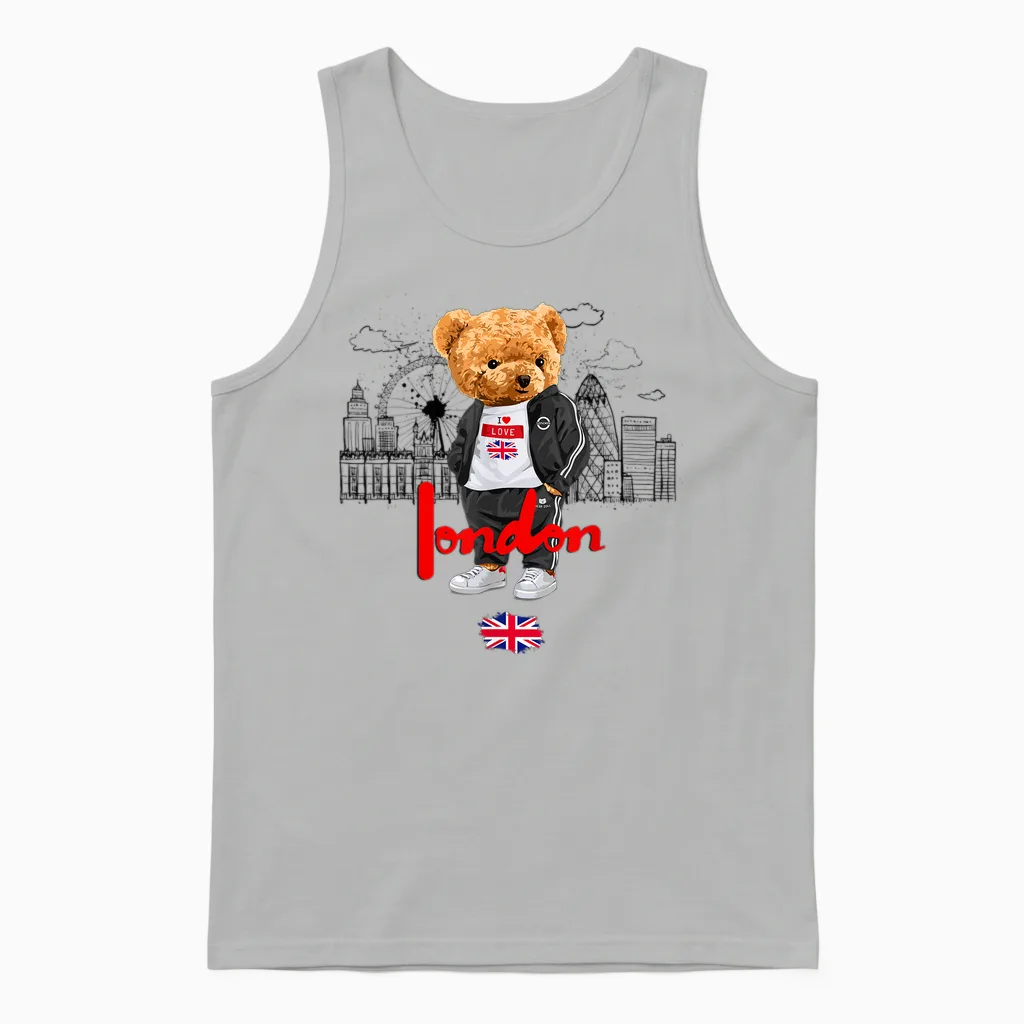 London Royal Teddybär Bad Boy Illustration Grafik Anime Unisex Tank Top in Ash