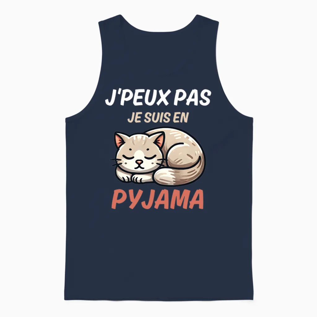 J'peux Pas Je Suis in Pyjamas Fun Gift with a Cat Long Sleeve, Black, S Unisex Tank Top in Navy