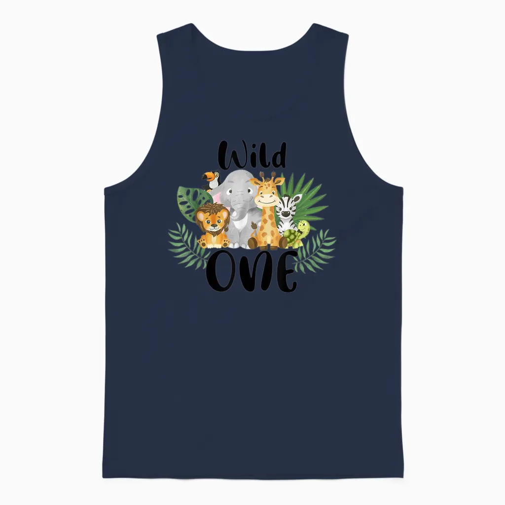Kids Wild One 1. Geburtstag Junge Lustige Zoo Tiere Sohn Kleinkind Unisex Tank Top in Navy