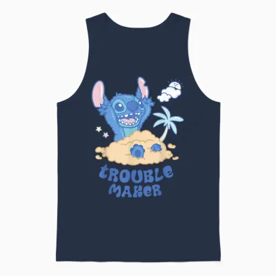 Disney Stitch Fluffy Summer Beach Sand Pile "trouble Maker" Unisex Tank Top - Navy