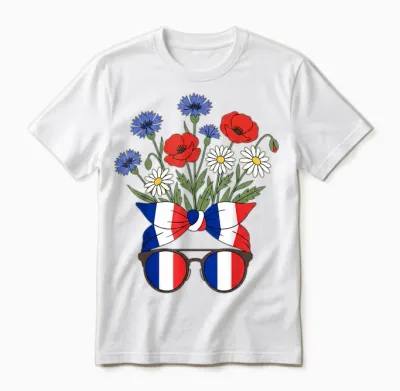 France Fête Nationale Femme Patriote Fleurs Lunettes Unisex T-Shirt - White