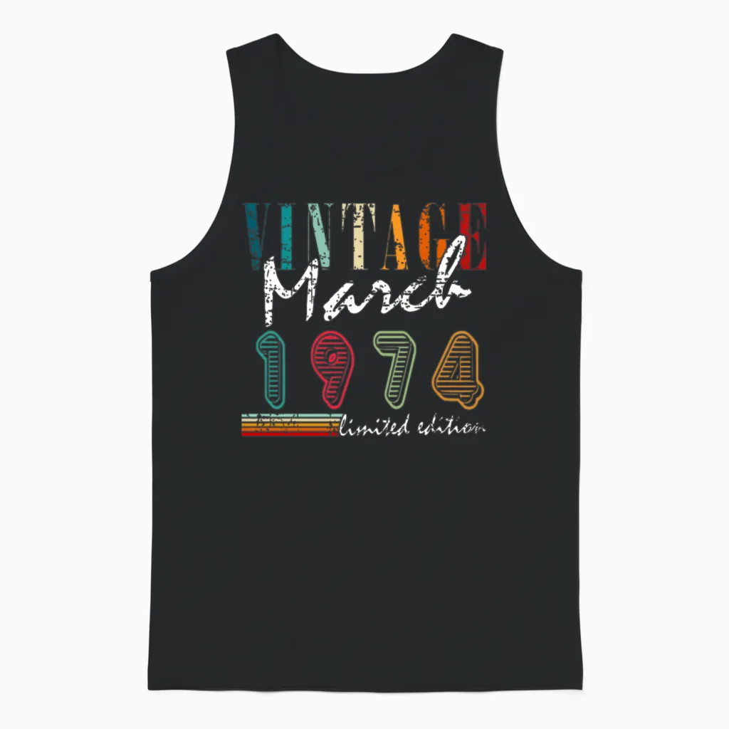 Gift Legend March 1974. Gift March 1974. March. Unisex Tank Top in Black
