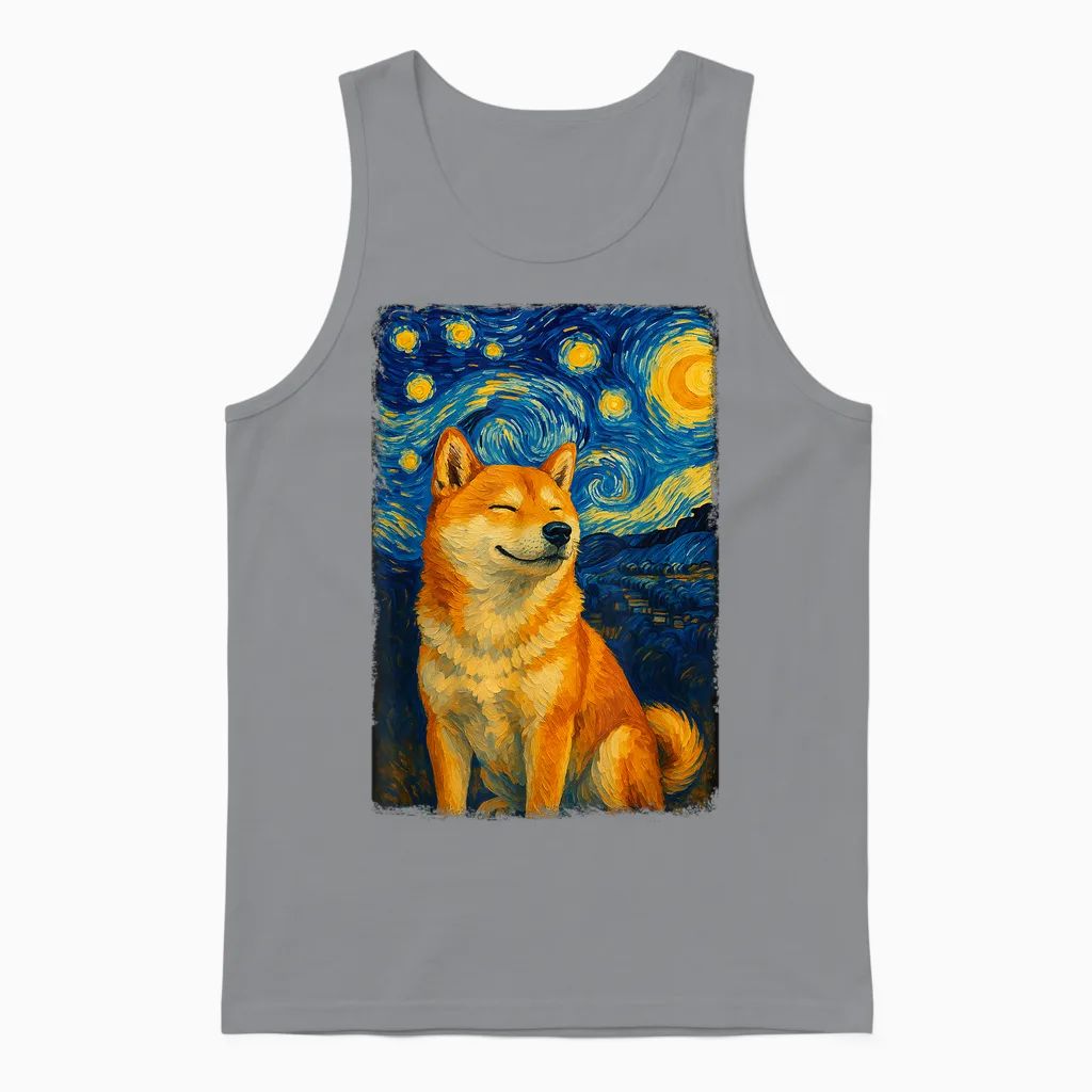 Shiba Inu Under Starry Sky Art Dog Aesthetic Unisex Tank Top in Sport Grey