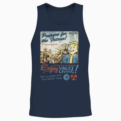 Fallout Video Game Enjoy Vault Living Vault-Tec Retro Ad Unisex Tank Top - Navy