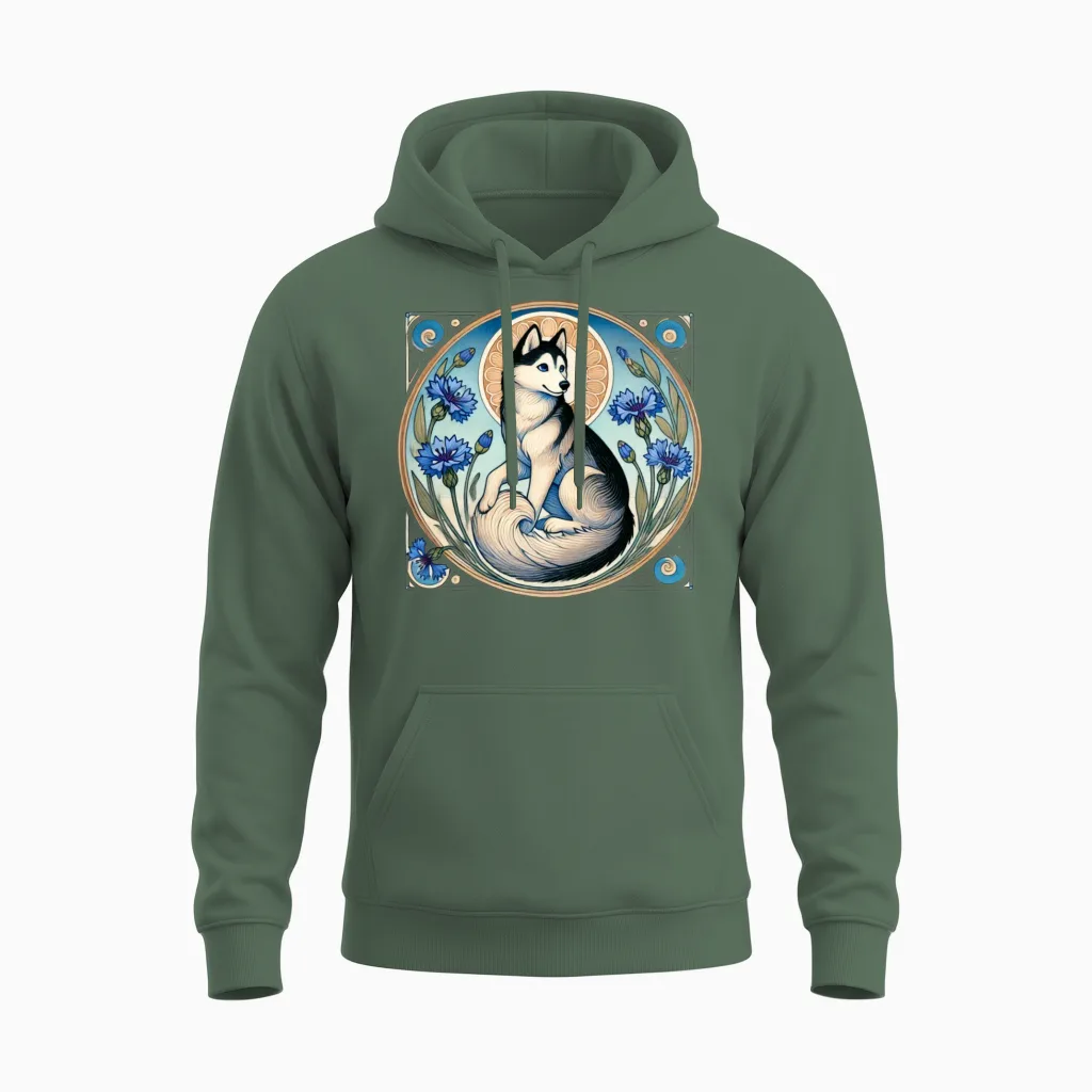 Retro Siberian Husky Unisex Hoodie in Military Green