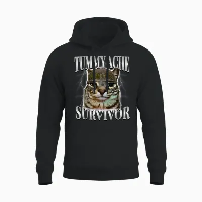 Tummy Ache Survivor Shirt Funny Meme Shirt Funny Cat Humor Unisex Hoodie - Black