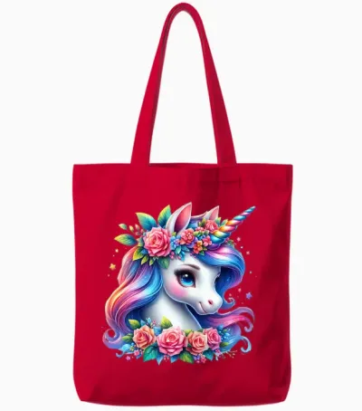 Cute Unicorn with Rainbow Mane Flowers Unicorn Tote Bags - Red
