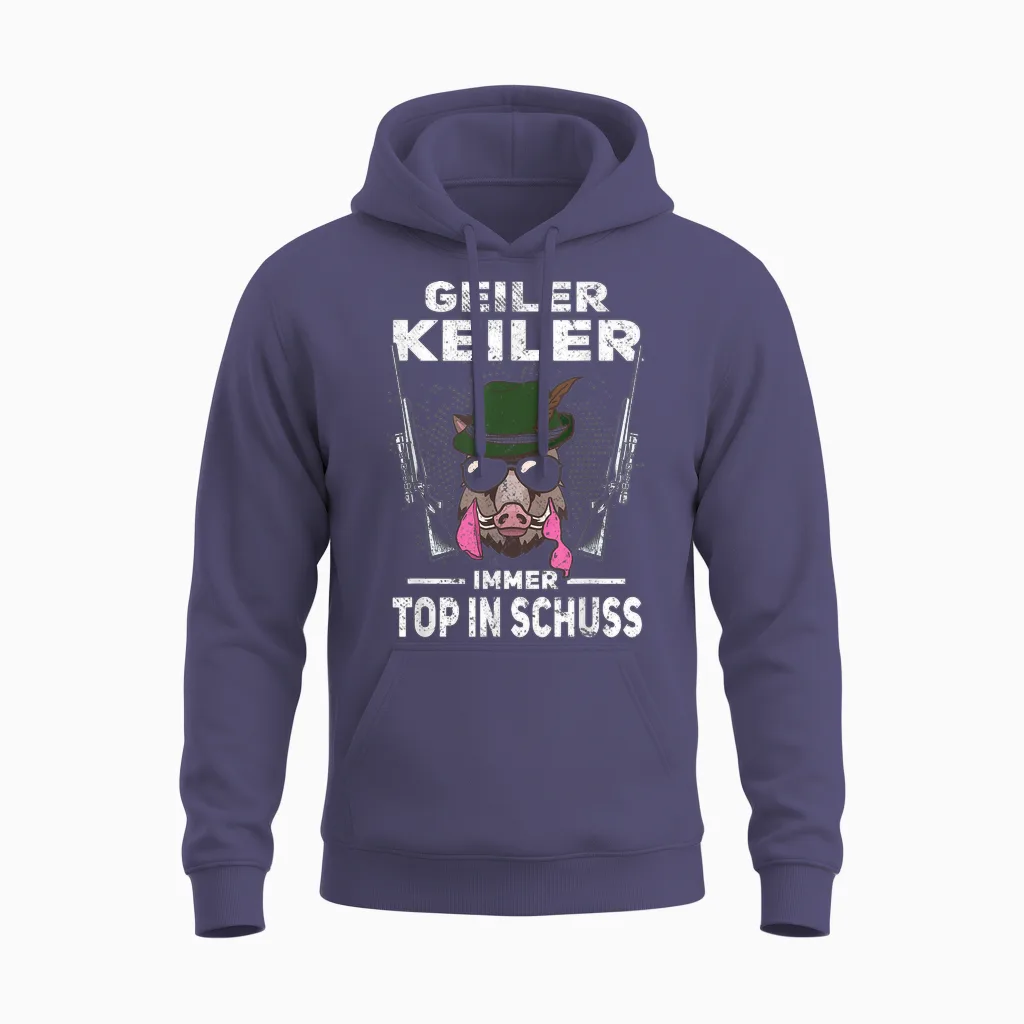 T-Shirt with Text "geiler Keiler Immer Top in Schuss Hunter Wild Boar Hunting", Green, S Unisex Hoodie in Heather Sport Dark Navy