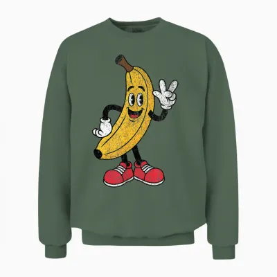 Retro Banana Cartoon with Sunglasses Men Women Funny Banana Unisex Sweatshirt - Military Green