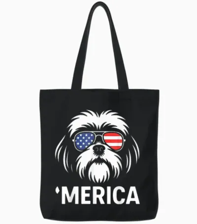 Shih Tzu Dog 'merica Patriotic 4th of July American Tote Bags - Black