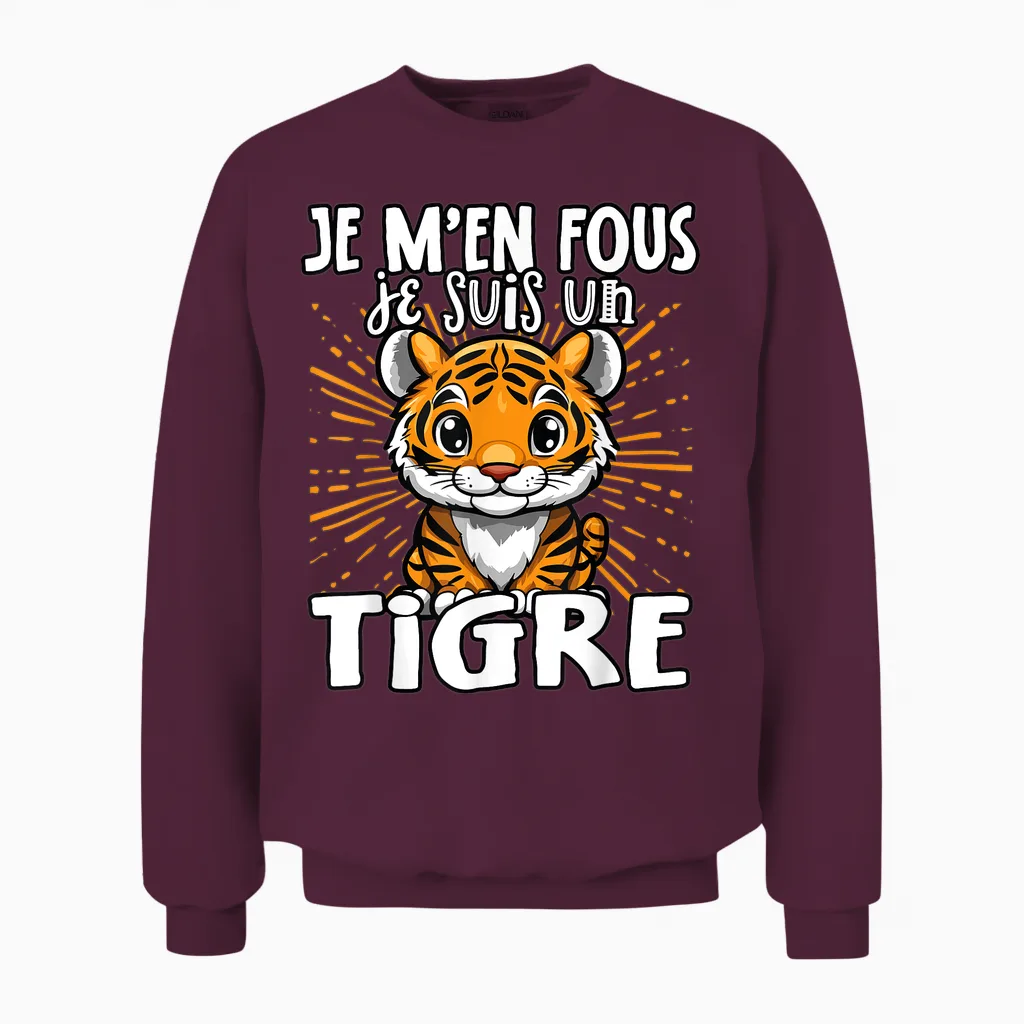 Je M'en Fous Je Suis Un Tigre - Cute Tiger T-Shirt, Black, S Unisex Sweatshirt in Maroon