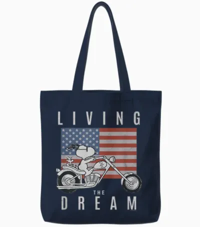 Peanuts Snoopy Living the Dream Snoopy on a Motorcycle Tote Bags - Navy
