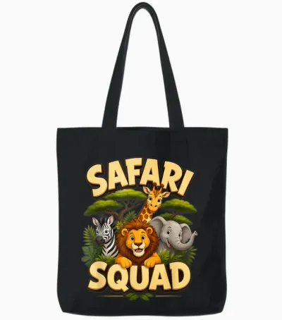 Safari Squad, Cute Crew Drawing with Jungle Animals and Zoo Tote Bags - Black