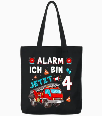 Children's 4th Birthday Boy Girl Fire Brigade Gifts Fire Engine T-Shirt, Black Tote Bags - Black