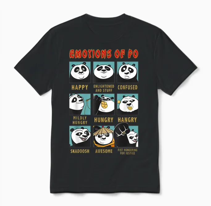 Kung Fu Panda Emotions of Po Portrait Grid T-Shirt, Black Unisex T-Shirt in Black