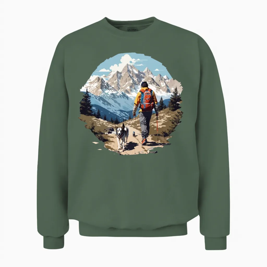 Man Hiking with Dog Lovers Unisex Sweatshirt in Military Green