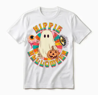 Hippie Halloween, Retro Ghost, Spooky Ghost, Retro Unisex T-Shirt - White