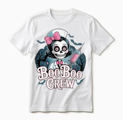 Gothic Nurse Skeleton with Booboo Crew Text Unisex T-Shirt - White