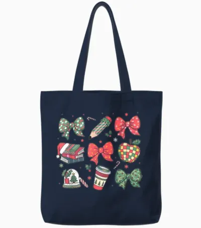 Coquette Bow Teacher Christmas Elementary School Xmas Winter Tote Bags - Navy