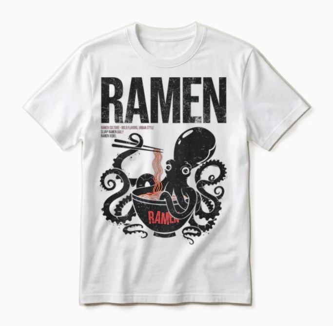 Ramen Anime Manga Kawaii Otaku Fashion Backprint Streetwear T-Shirt, Gray Unisex T-Shirt in White