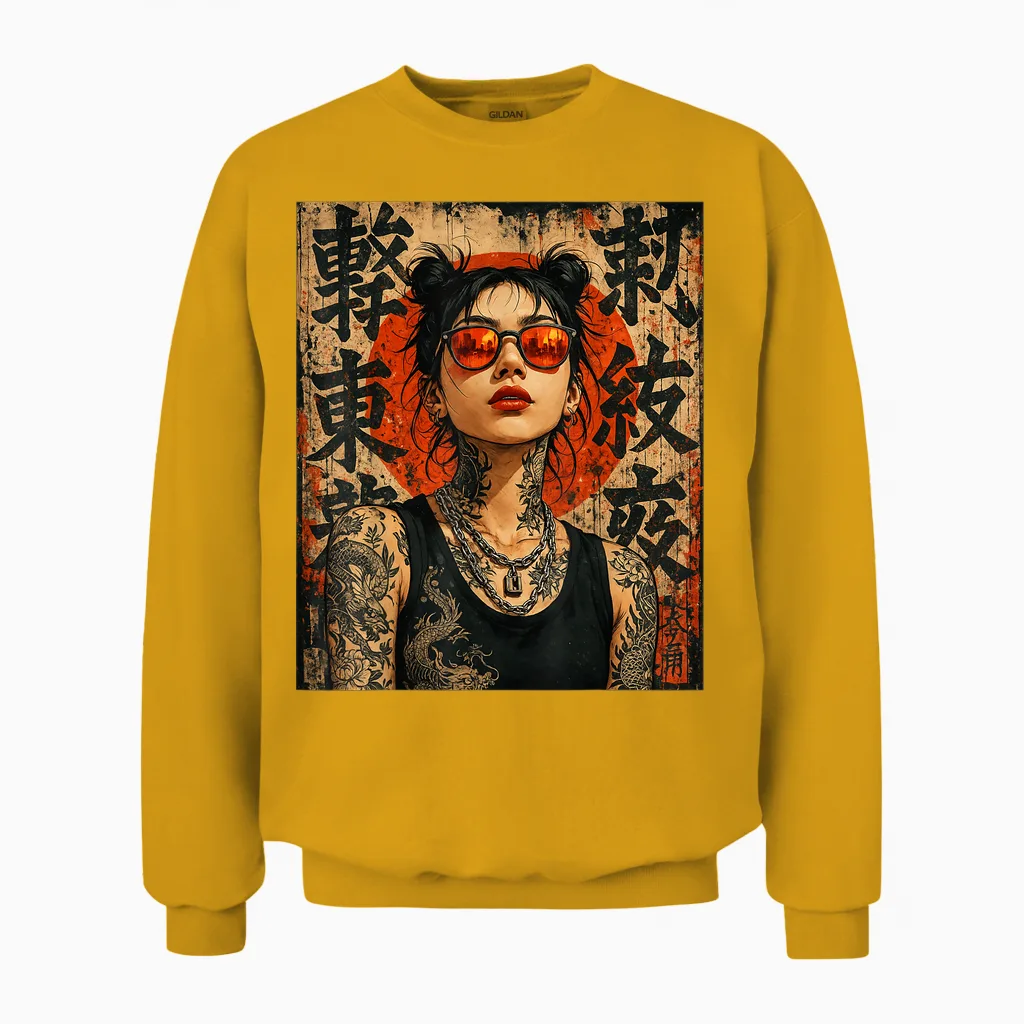 Anime Kawaii Japanese Samurai Geisha Tattoo K-Pop Y2k Manga Unisex Sweatshirt in Gold