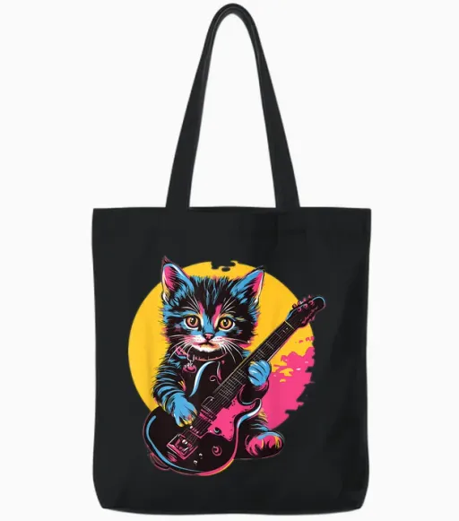 Cute Kitten Playing Guitar Rock Style T-Shirt, Black, S Tote Bags - Black