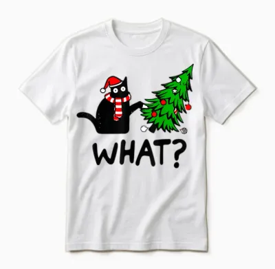 Funny Black Cat Gift Pushing Christmas Tree Over Cat What? T-Shirt Small Unisex T-Shirt - White