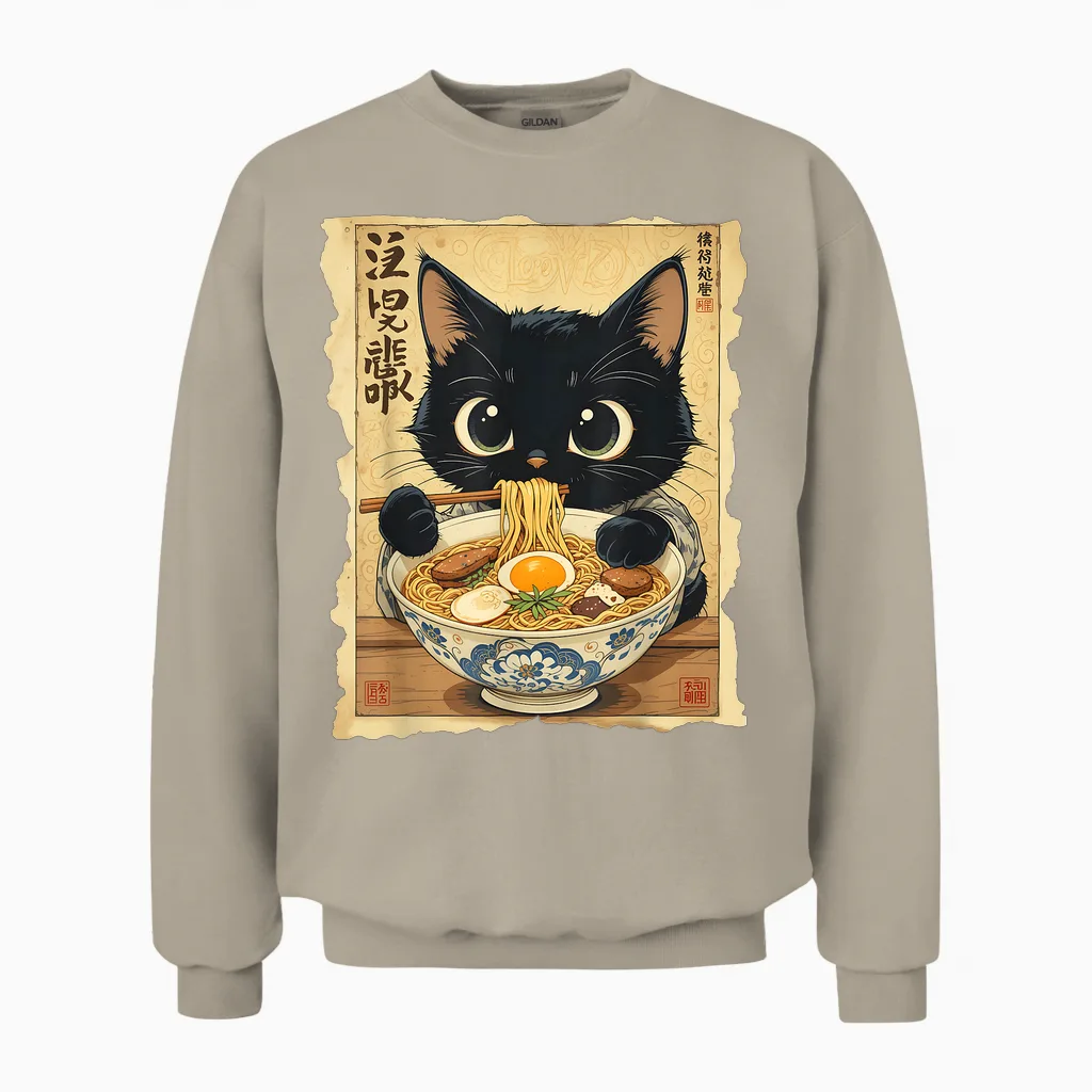 Japanese Ramen Noodles Manga Ramen Kawaii Cat Unisex Sweatshirt in Sand