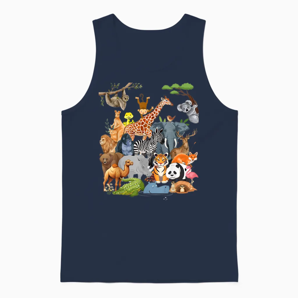 Men Women and Kids Wildlife Zoo Day Party Cute 22 Animals Unisex Tank Top in Navy