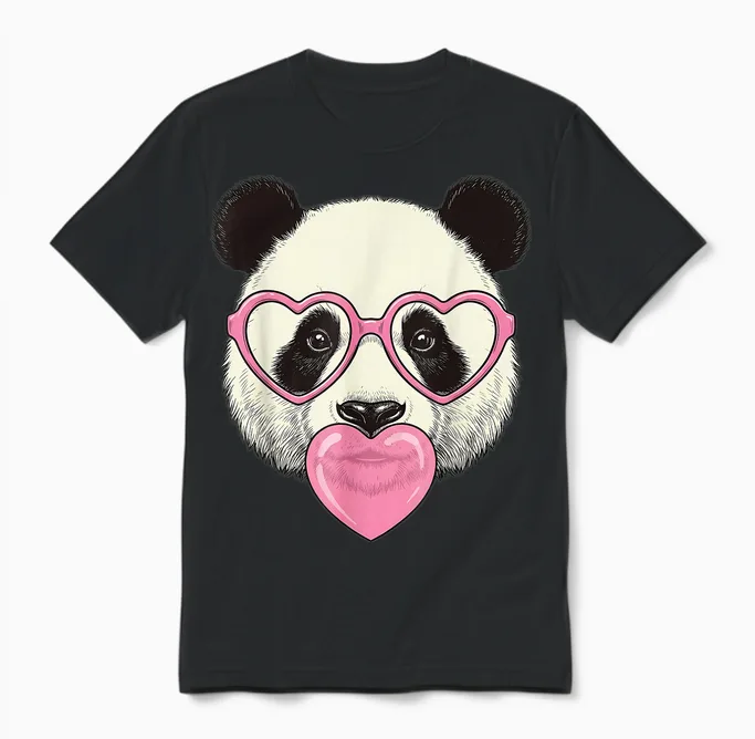 Cute Panda Blowing Pink Valentine Heart Bubble Gum Unisex T-Shirt in Black