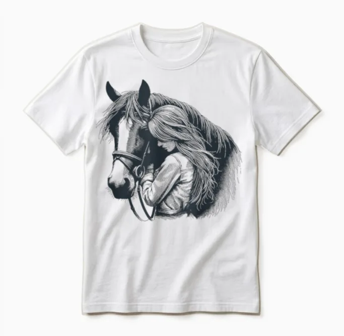 Girl with Horse Cute Motif for Stable and Riding Horses Unisex T-Shirt in White