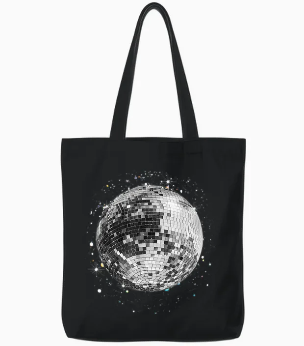 Black and White Disco Ball Club Retro Tote Bags in Black