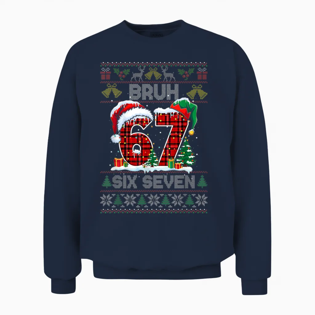 67 Bruh Meme Six Seven Christmas Ugly Sweater Kids Boys Unisex Sweatshirt in Navy