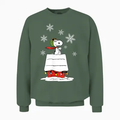 Peanuts Snoopy Flying Ace Holiday Dog House Unisex Sweatshirt - Military Green