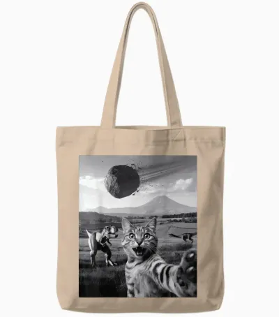 Drôle Chat Selfie Dinosaure Météore Astéroïde Curieux T-Rex Tote Bags - Natural