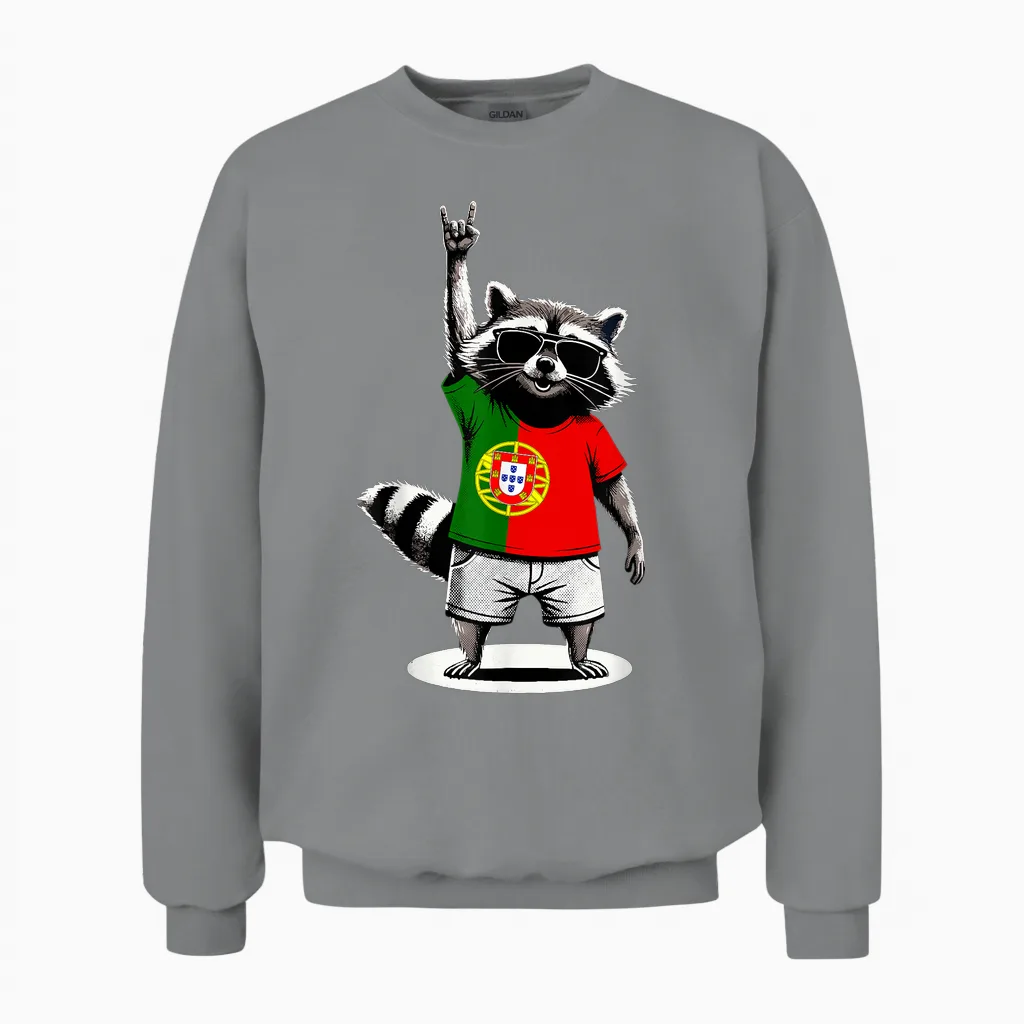 Portugal Flag Funny Portuguese Raccoon Unisex Sweatshirt in Sport Grey