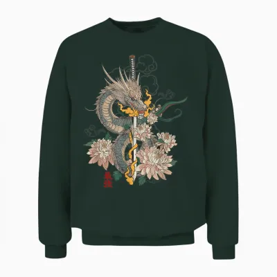 Japanese Dragon Katana Samurai Aesthetic Mythical Art T-Shirt, Black, S Unisex Sweatshirt - Forest