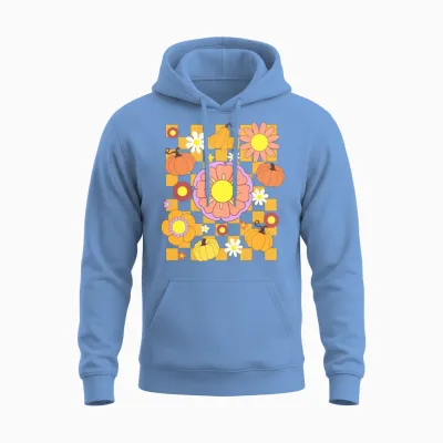 Pumpkin and Flower Retro Unisex Hoodie - Carolina Blue