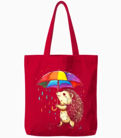 Cute Hedgehog Pattern Rainbow Umbrella T-Shirt, Black, S Tote Bags - Red