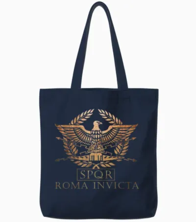 Spqr Roma Invicta Unconquered Rome T-Shirt, Black Tote Bags - Navy