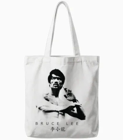 Bruce Lee on Guard Pose Epic Shot T-Shirt, White, S Tote Bags - White