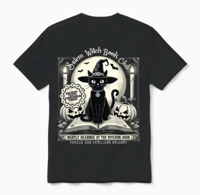 Salem Witch Book Club Vintage Halloween Cat Noir Book Lover Unisex T-Shirt - Black