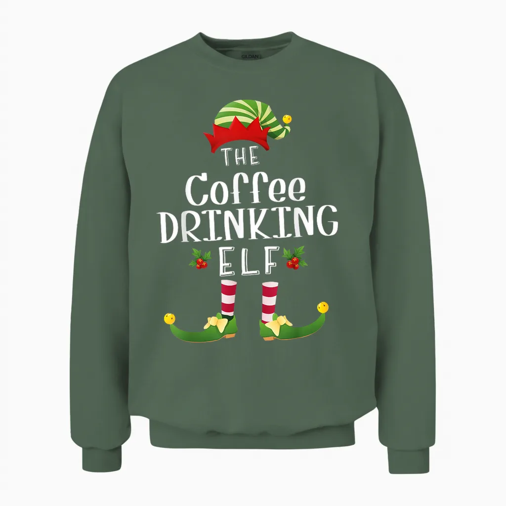 Coffee Drinking Christmas Elf Matching Pajama X-Mas Party Unisex Sweatshirt in Military Green