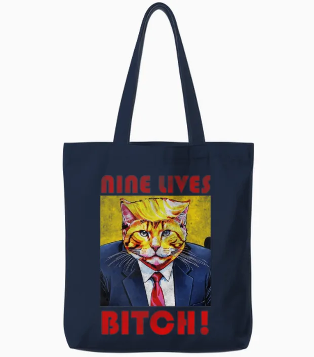 Nine Lives Bitch Funny Cat Lovers Tote Bags in Navy